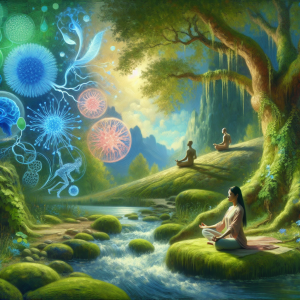 People meditating in serene, nature-filled fantasy landscape.