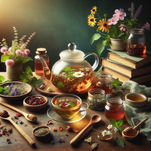 Herbal tea with fresh flowers and herbs.
