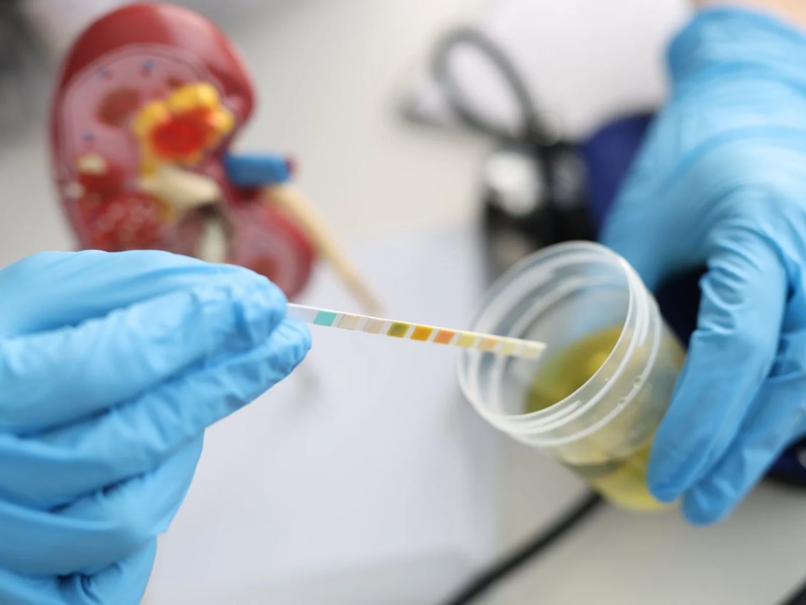 Gloved hands testing urine sample with strip test.