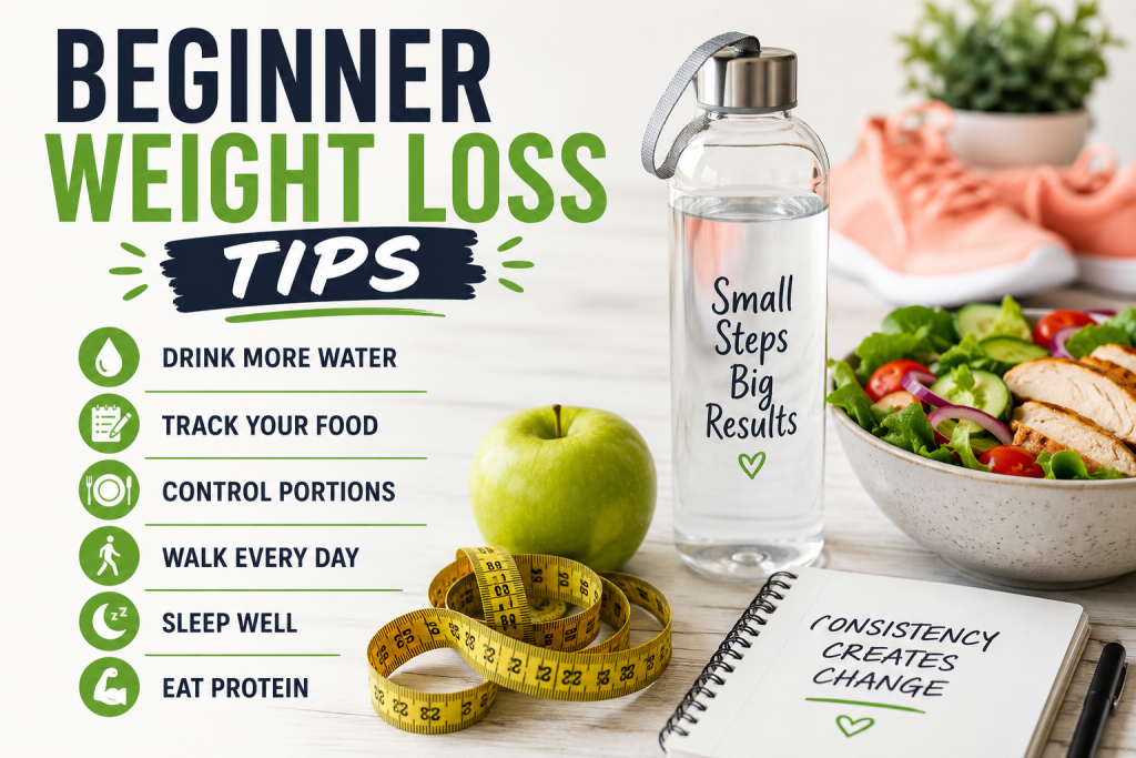 Beginner weight loss tips infographic with healthy food, water bottle, measuring tape and simple habit ideas for sustainable weight loss