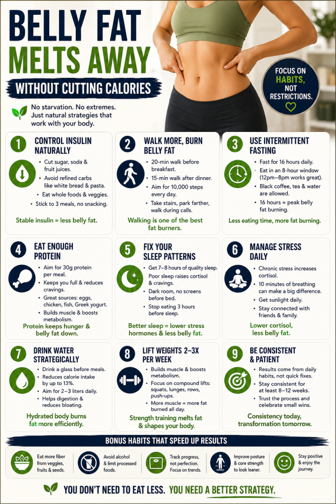 Belly fat loss infographic explaining natural fat-burning strategies including intermittent fasting, walking, protein intake, hydration, sleep, stress management, and resistance training.