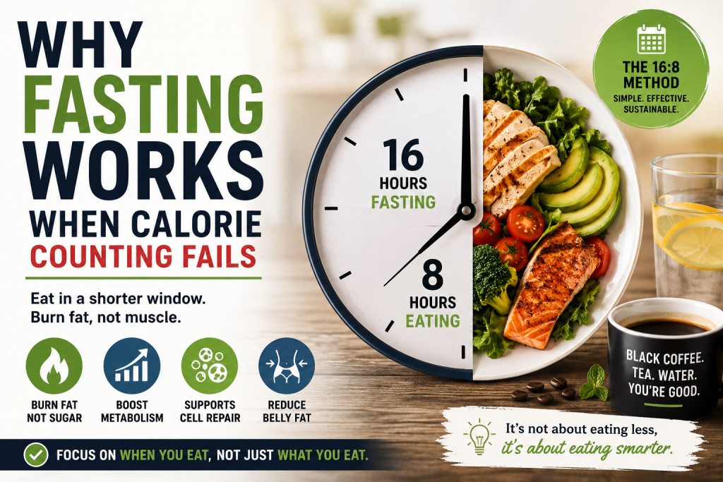 Intermittent fasting infographic showing the 16:8 fasting method with a clock, healthy meal, coffee, and benefits including fat burning and improved metabolism.