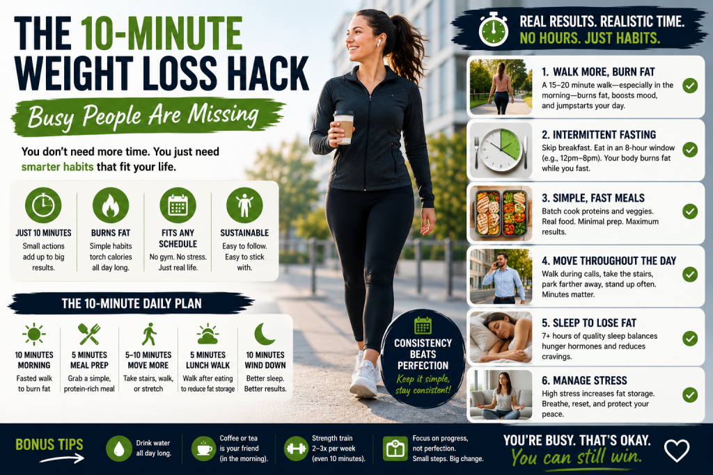 Weight loss infographic for busy people showing simple fat-loss habits including walking, intermittent fasting, quick meals, stress management, and better sleep.