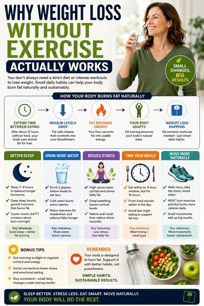 Infographic showing how weight loss without exercise can work through better sleep, hydration, stress reduction, meal timing, and natural daily movement.