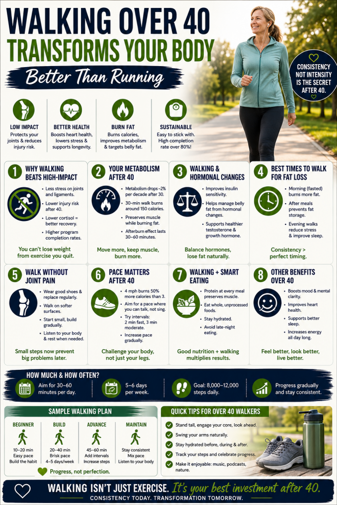 Walking for over 40s infographic showing low-impact fat loss, healthy ageing, improved metabolism, walking routines, and joint-friendly exercise benefits.