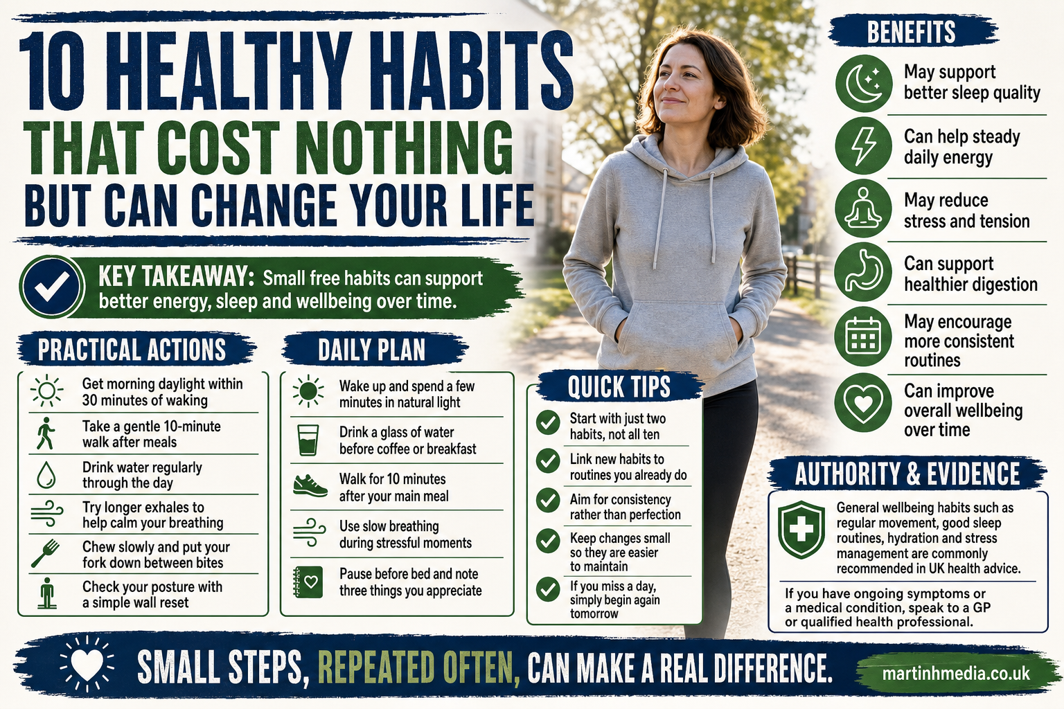 Person standing in morning sunlight after a walk, representing free healthy habits for better wellbeing