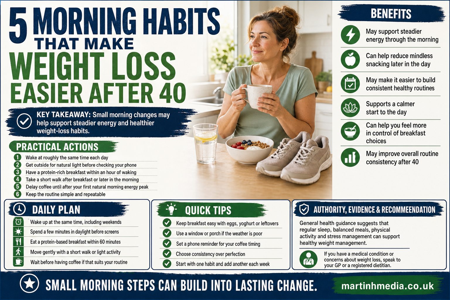 A realistic midlife woman standing by a window with morning sunlight, a cup of coffee and a protein breakfast on the table