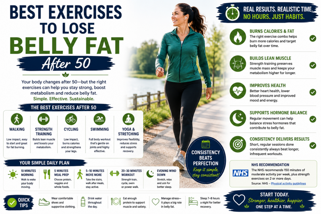 Infographic showing the best exercises to lose belly fat after 50, including walking, strength training, cycling, swimming and yoga for healthy ageing and weight management.