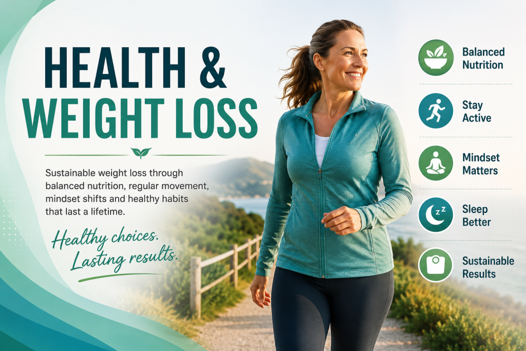 Health & Weight Loss hub banner covering Weight Loss After 40, Walking, Protein, Nutrition and Healthy Habits