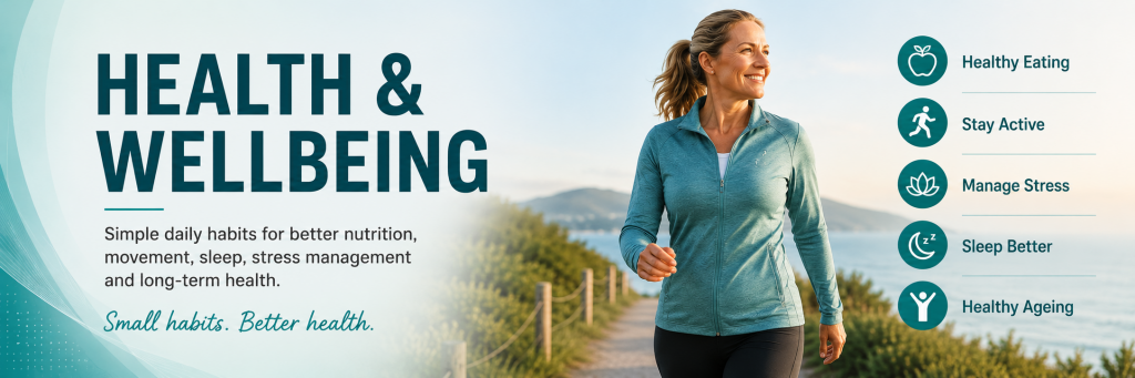 Health & Wellbeing hub banner covering Healthy Habits, Walking, Nutrition, Sleep and Stress