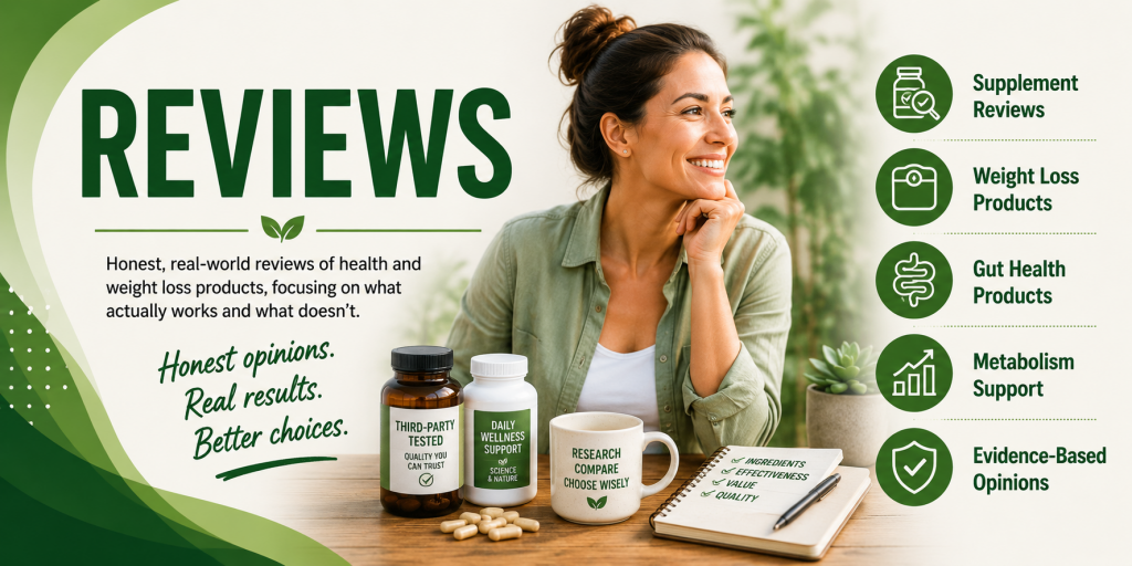 Reviews hub banner covering Health & Weight Loss, Natural Healing, Super Foods, Gut Health and Metabolism
