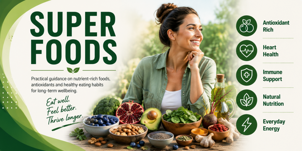 Super Foods hub banner covering Natural Healing, Nutrition, Health & Wellbeing, Fasting and Healthy Habits