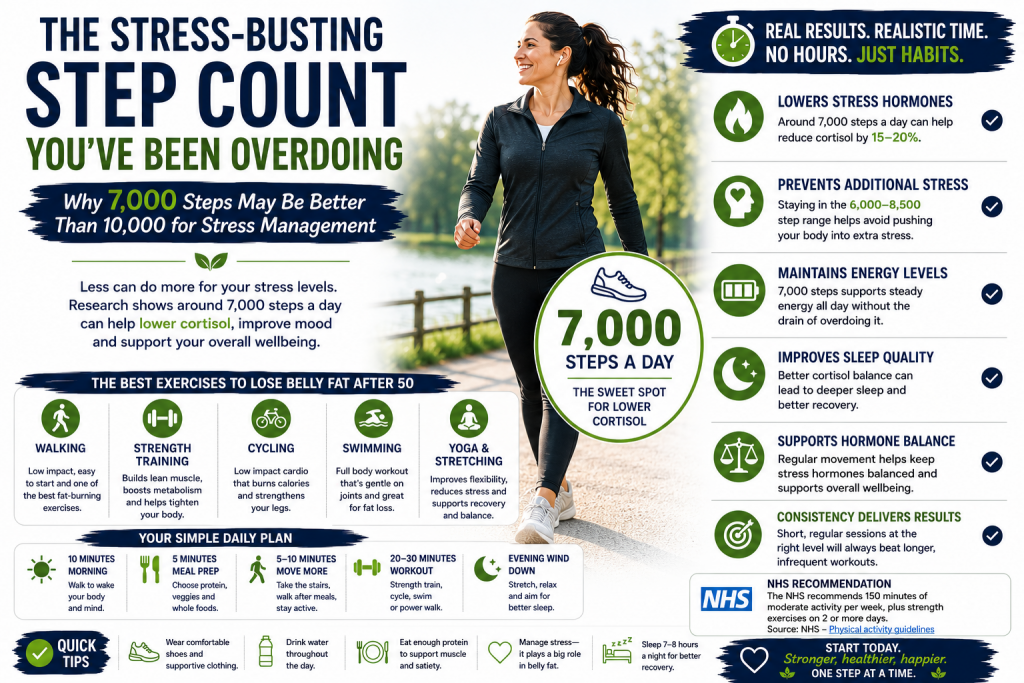 Woman walking outdoors beside a lakeside path with infographic