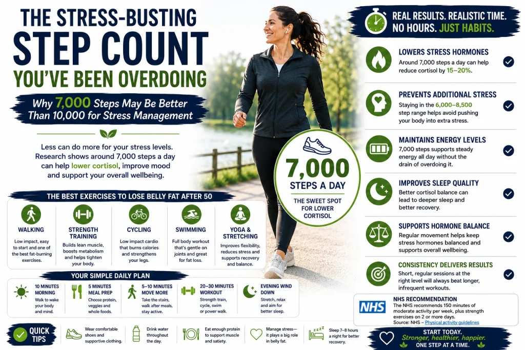Woman walking outdoors beside a lakeside path with infographic