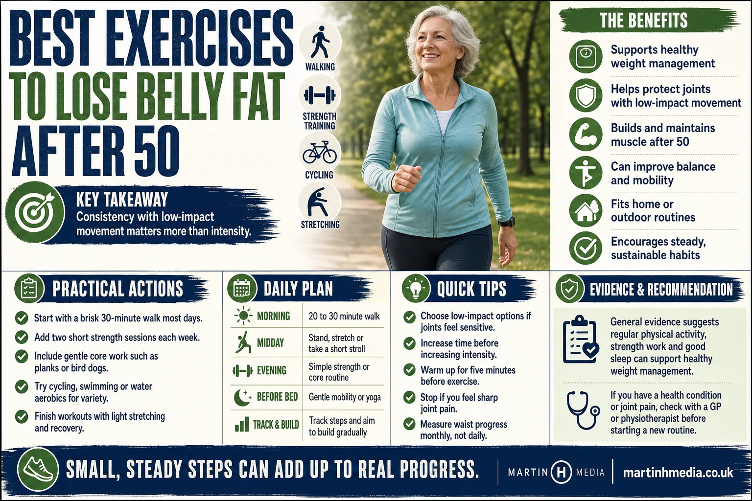 Older adult walking briskly outdoors with simple exercise icons showing walking, strength training and stretching