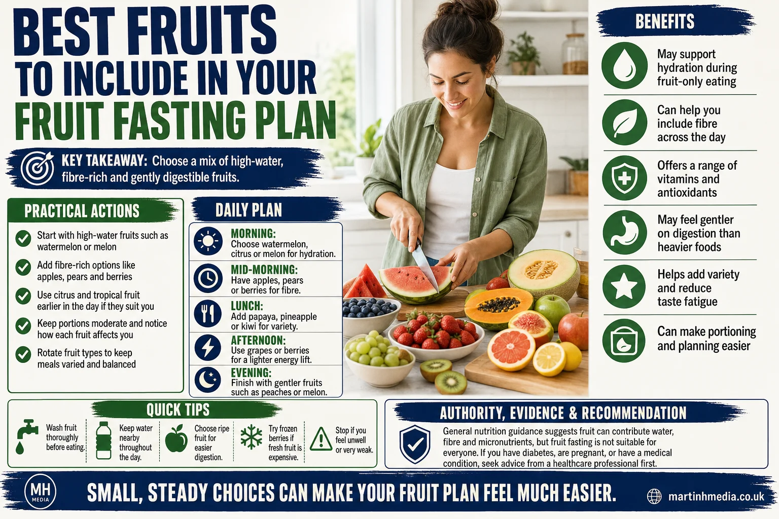 Person arranging a colourful selection of fruit on a kitchen counter for a fruit fasting plan