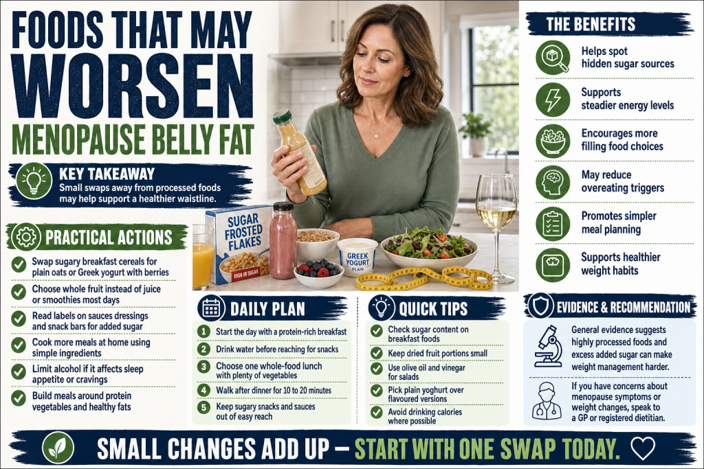 Woman in midlife looking at breakfast foods and a tape measure around her waist in a bright kitchen