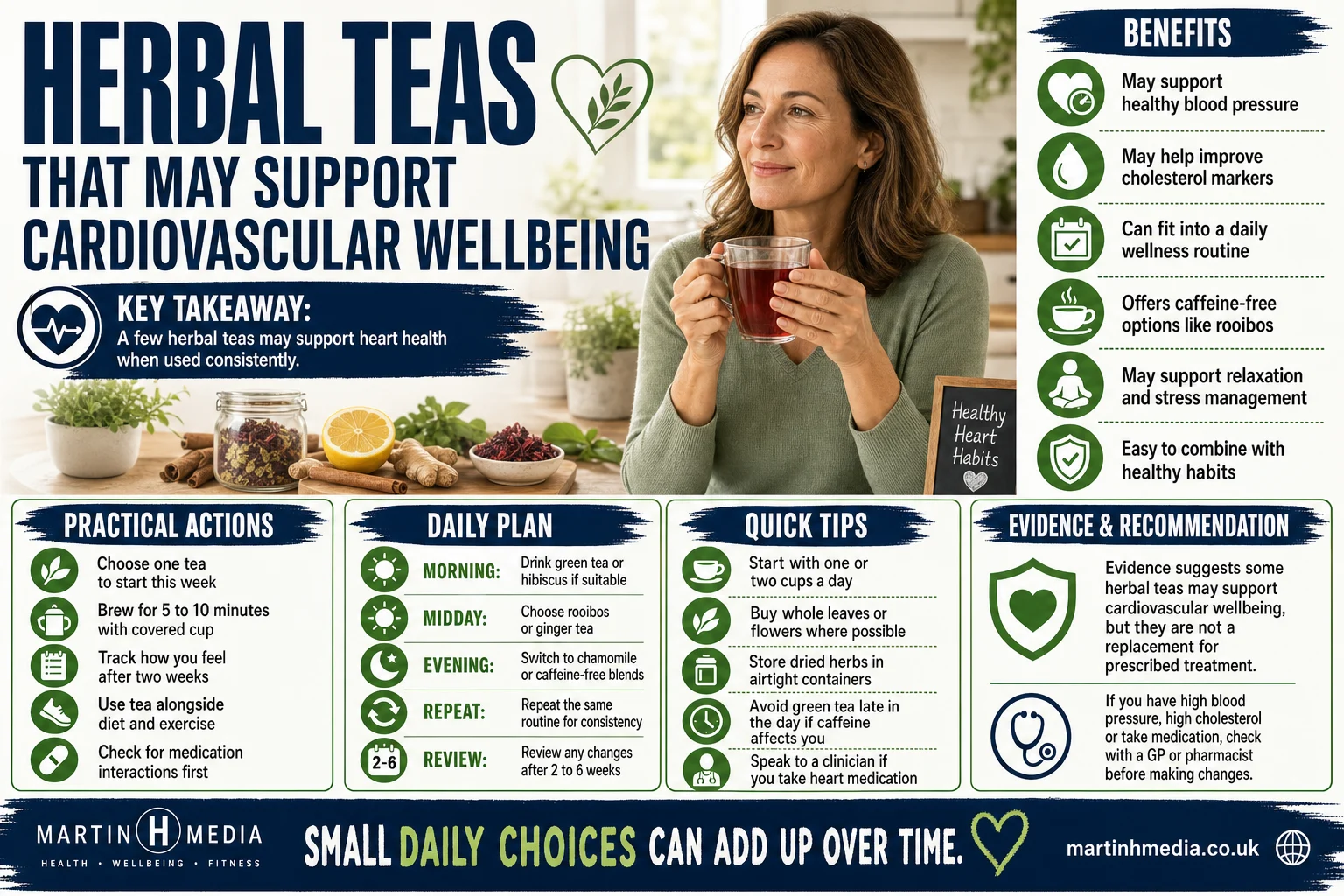A realistic person enjoying a cup of herbal tea beside a heart health infographic with herbs and blood pressure icons