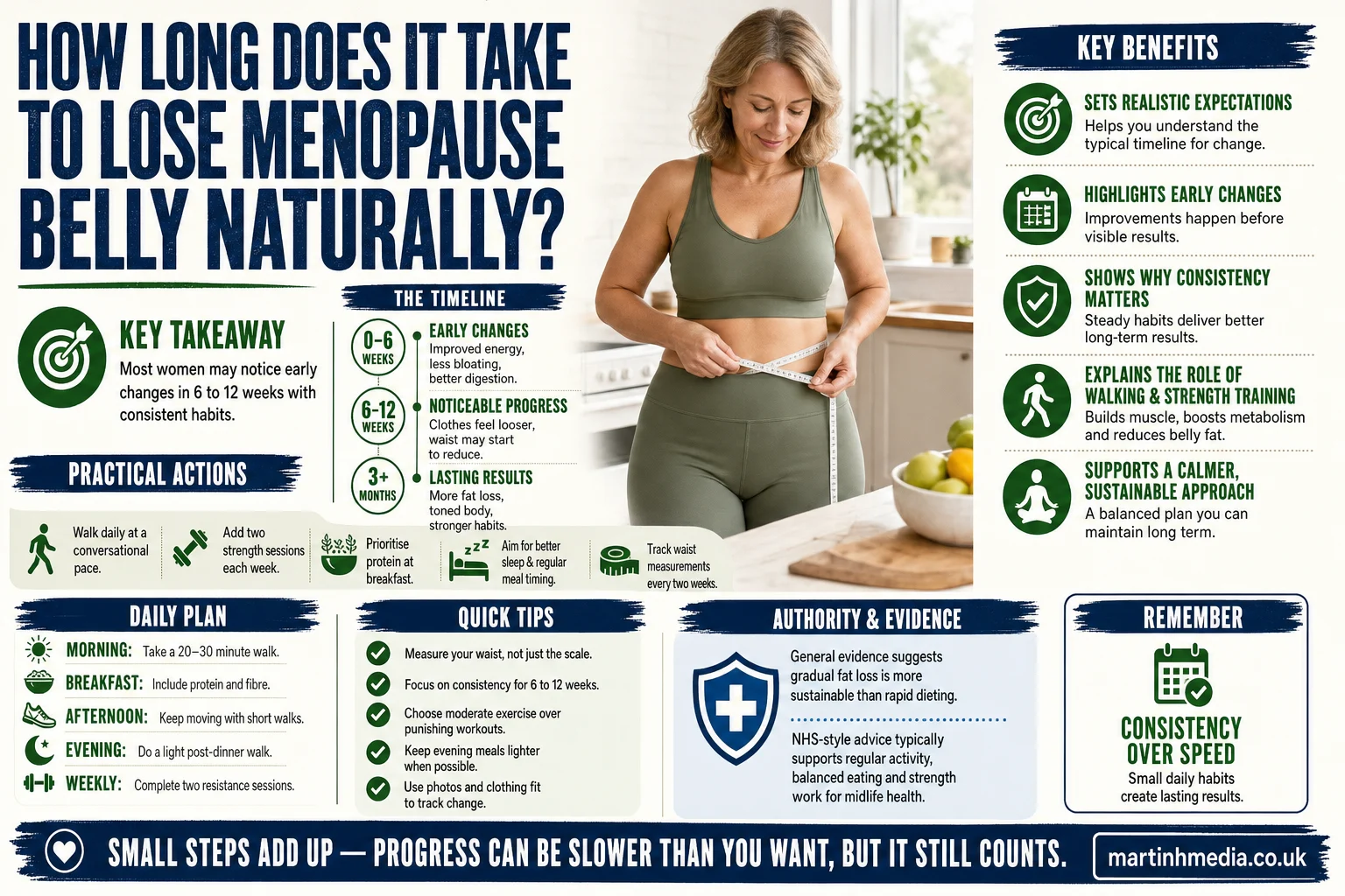 Woman measuring her waist beside a simple menopause belly timeline infographic in a bright home setting