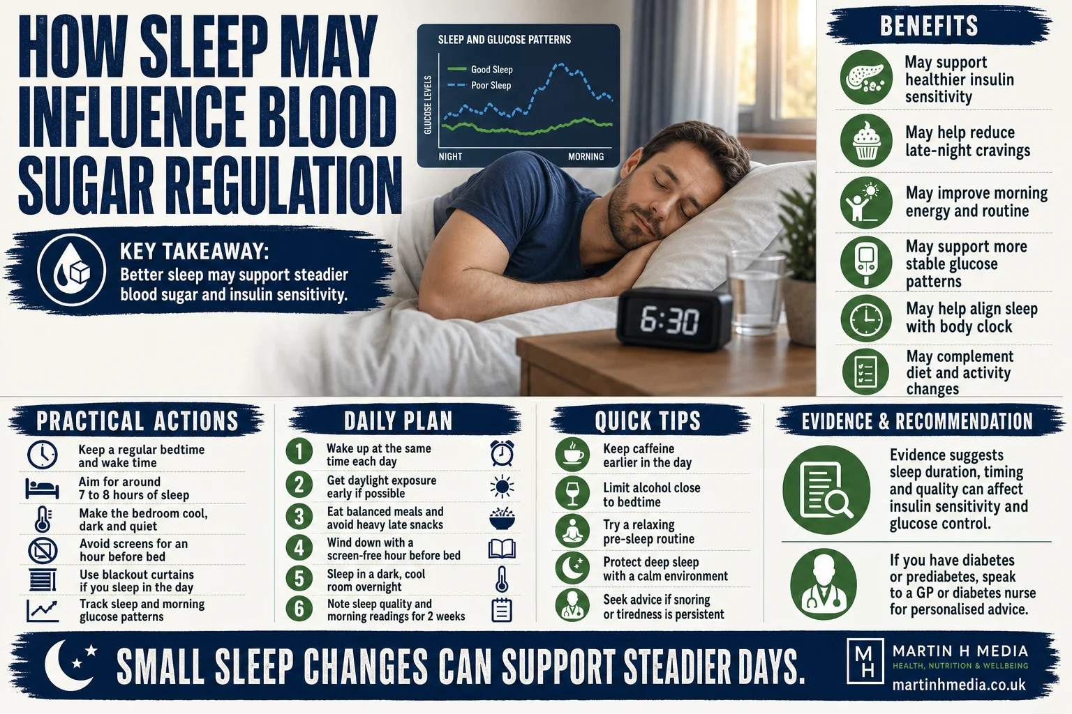 Infographic showing a person sleeping beside a blood sugar chart and clock to illustrate sleep and glucose regulation