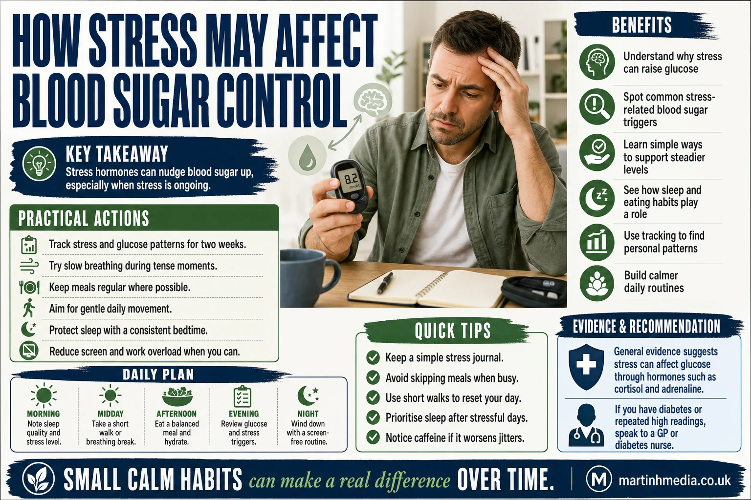 Person looking stressed while checking a blood glucose monitor in a home or office setting