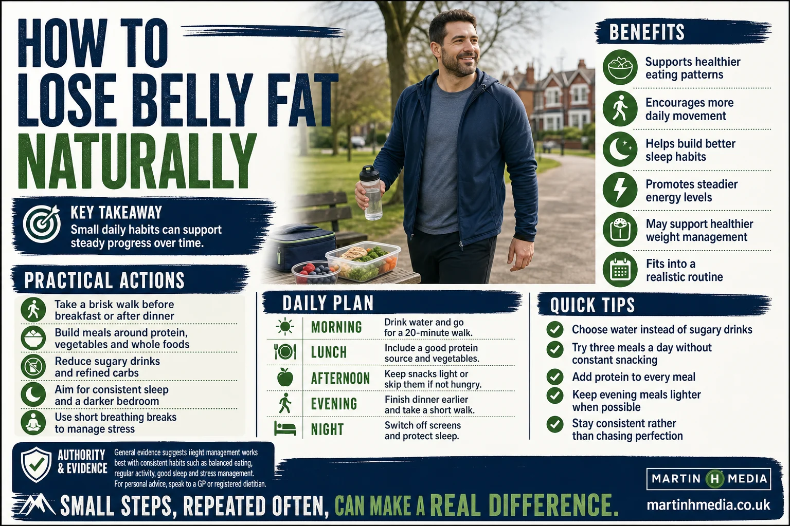 Infographic showing a person walking, drinking water and preparing a healthy meal to support belly fat loss naturally