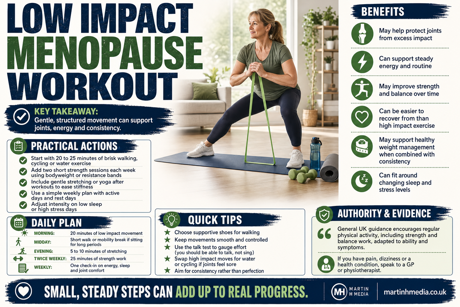 Woman doing a gentle low impact workout in a bright home setting