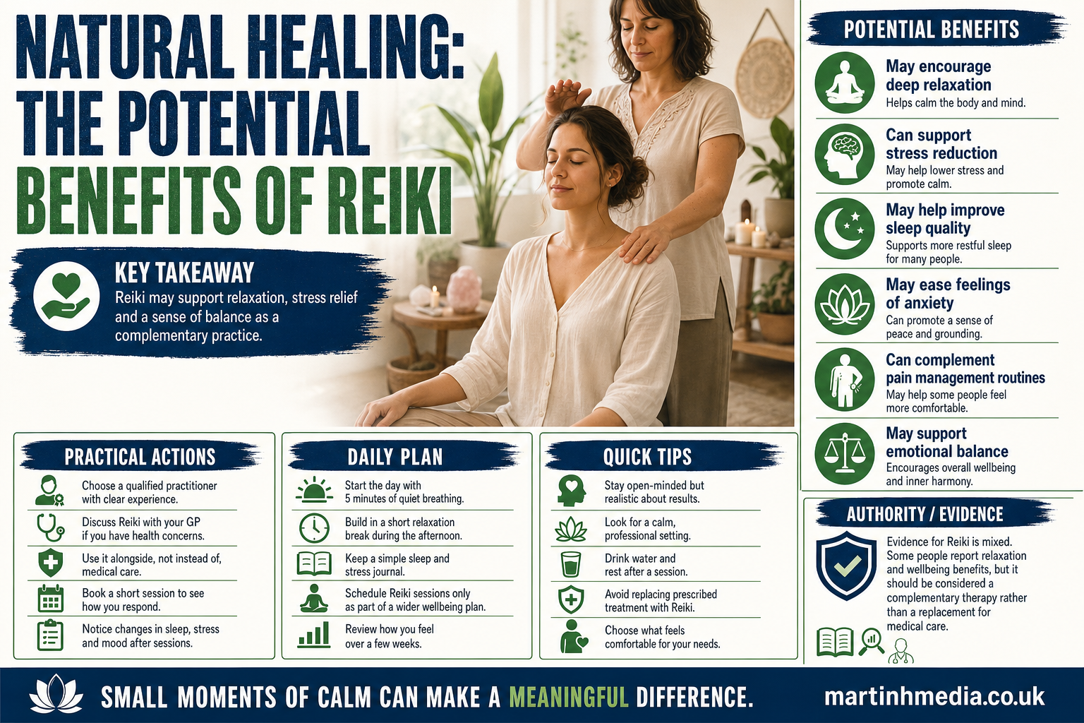 A calm person receiving Reiki treatment in a peaceful wellness room with soft lighting and natural decor