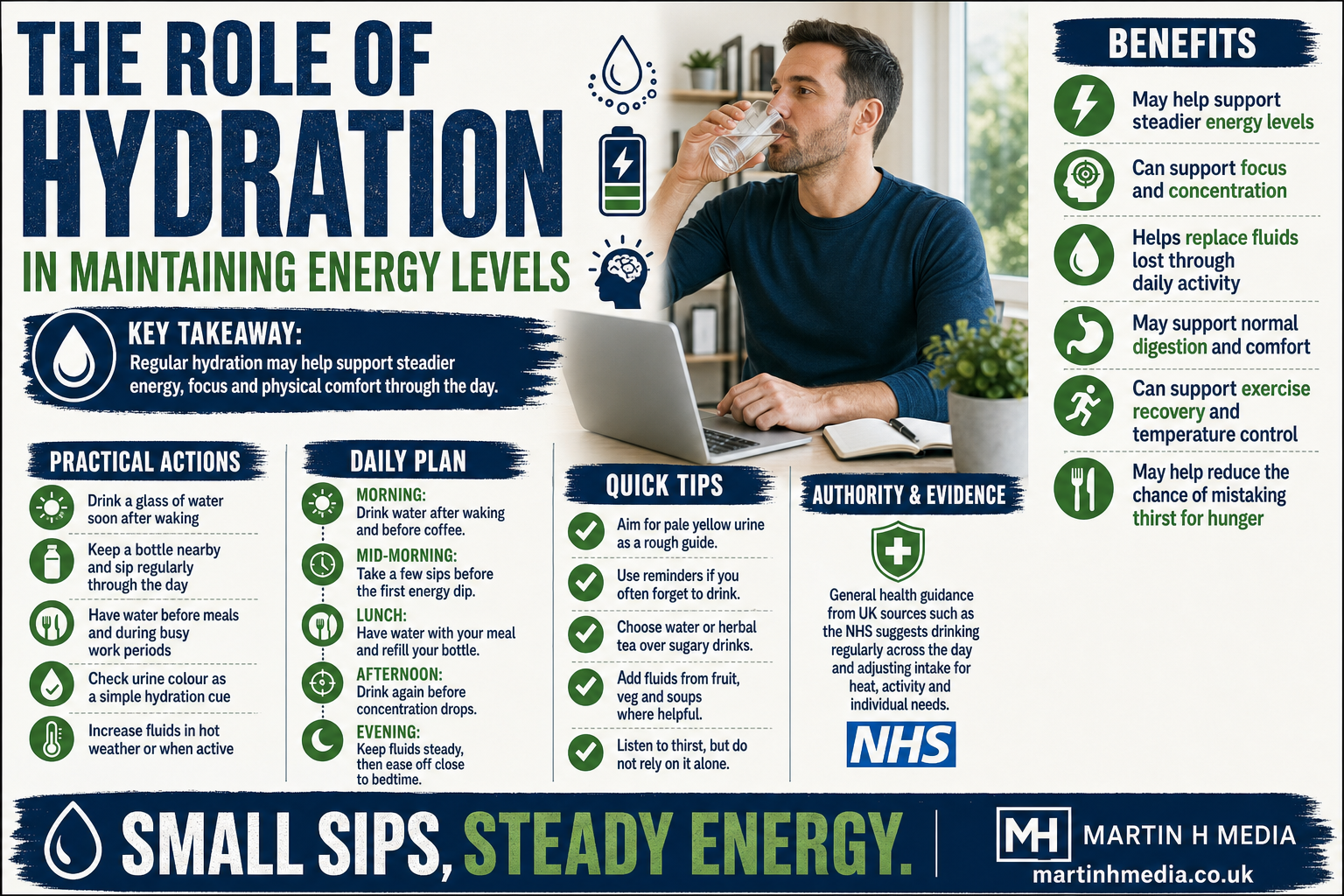 A person drinking water beside a desk with a simple infographic about hydration and energy levels