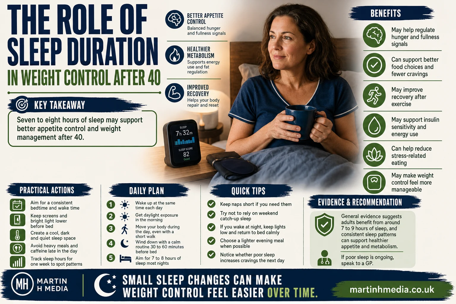 A realistic middle-aged person checking a sleep tracker beside a bedroom scene, with simple infographic icons about weight control and sleep duration.