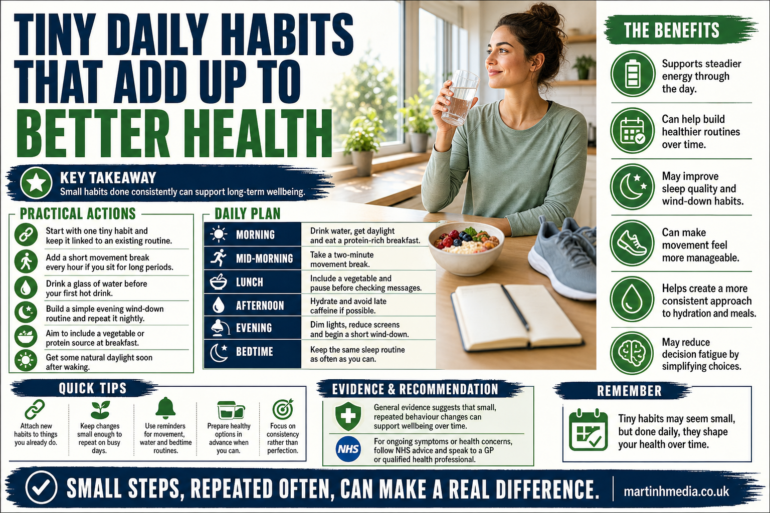 A person building healthy daily habits with water, movement and morning light in a calm home setting