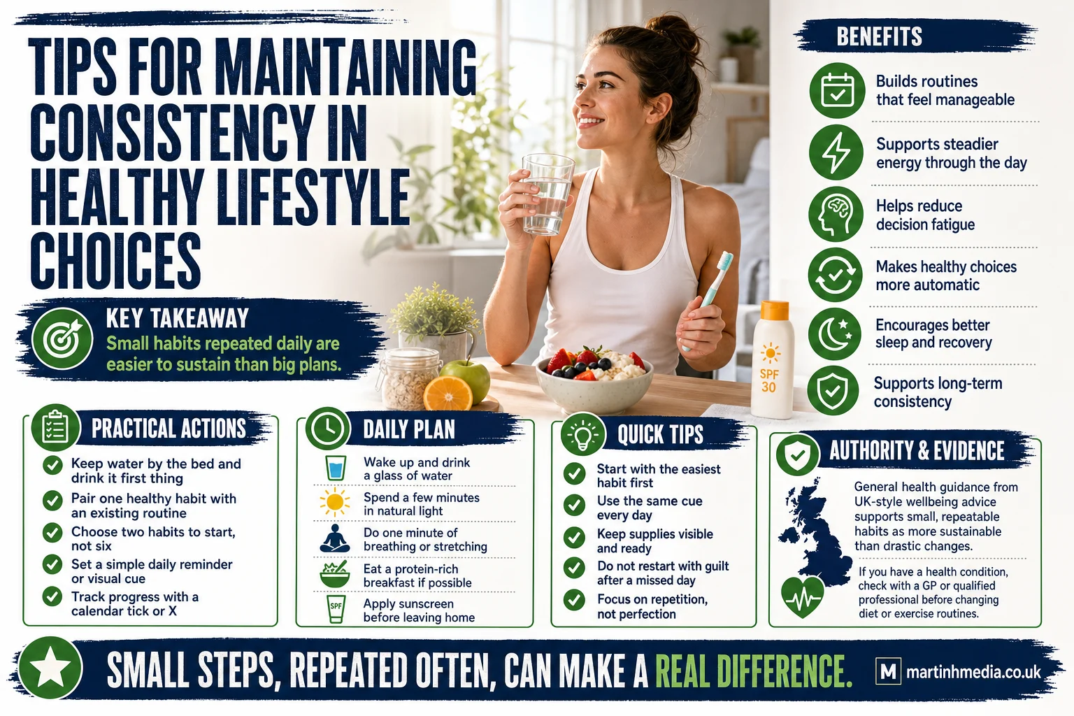 Person following a simple morning wellbeing routine with water, sunlight and healthy breakfast items nearby