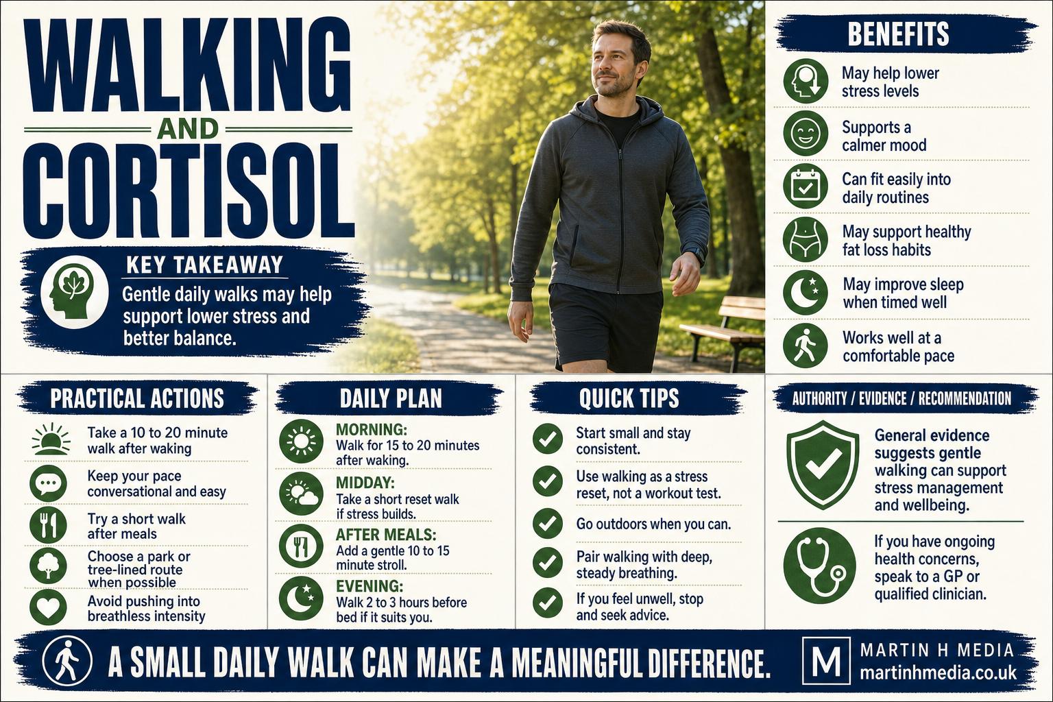 A person taking a gentle walk in a green park to support stress relief and hormone balance