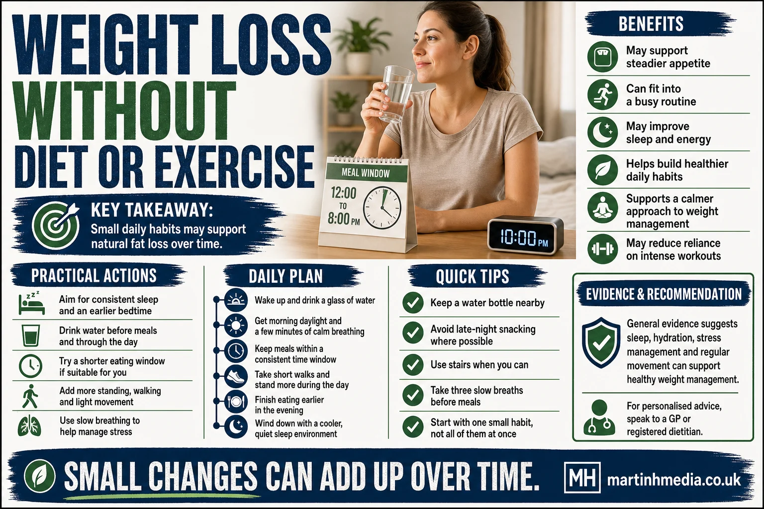 Infographic showing simple habits that may support weight loss without diet or exercise, including sleep, water, stress control and meal timing