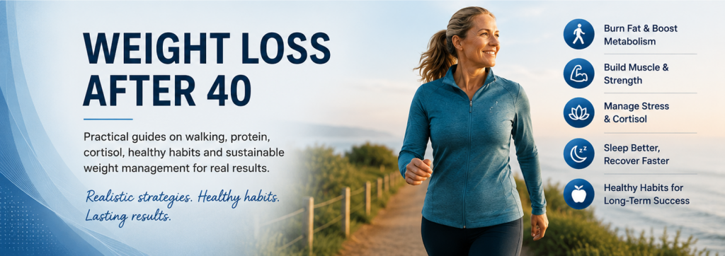 Weight Loss After 40 hub banner with walking, protein, metabolism and healthy habits