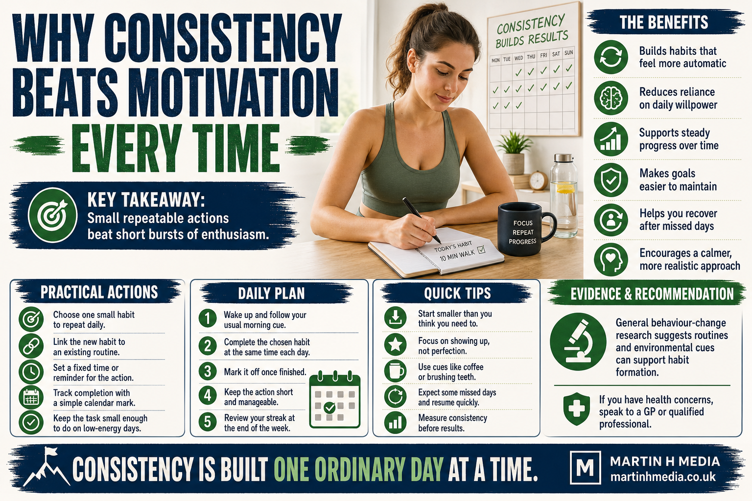 Infographic showing a woman following a simple daily routine with a calendar and habit tracker in the background