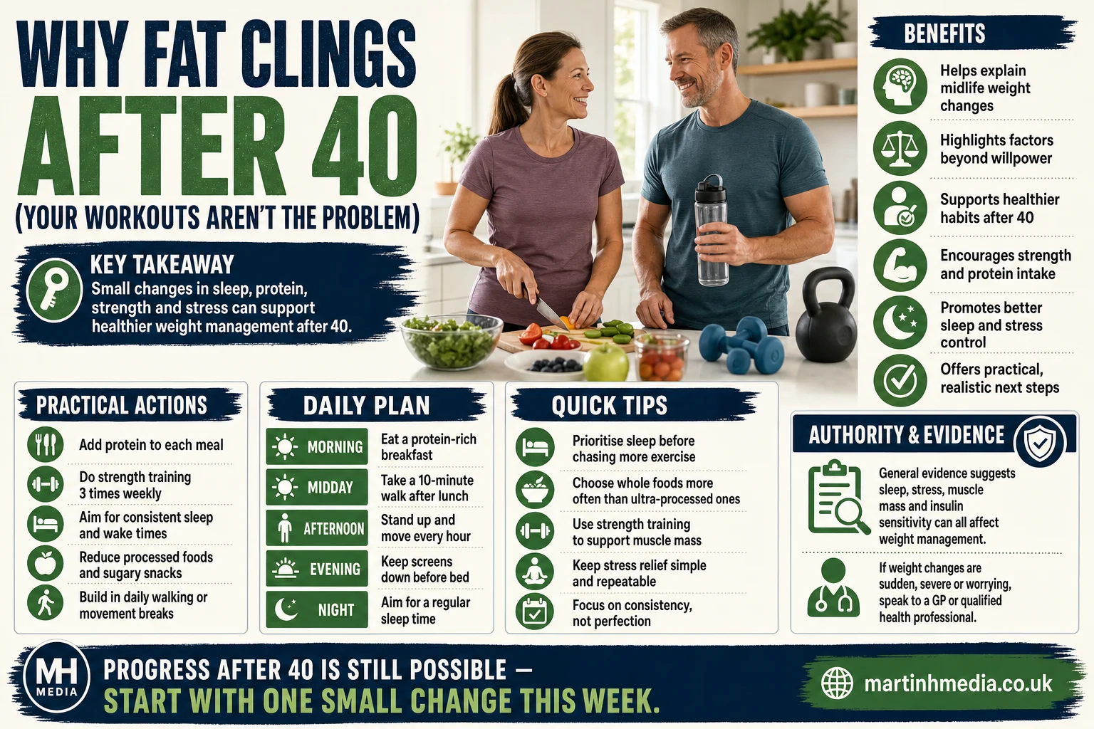 A realistic midlife person standing in a kitchen with a dumbbell, sleep mask and healthy food around them, illustrating weight gain after 40
