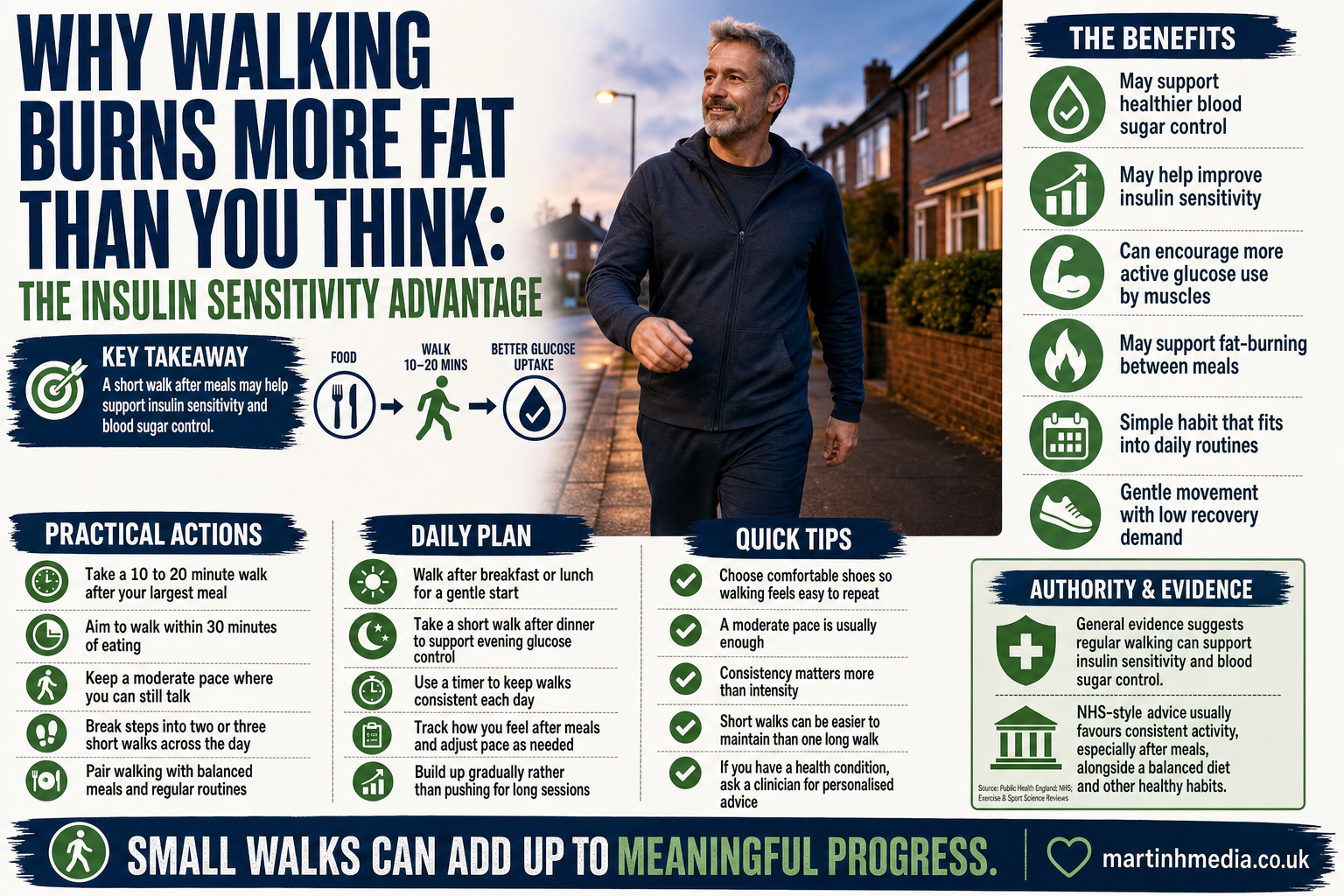 Person walking after dinner in a neighbourhood street with an infographic showing insulin sensitivity and glucose uptake