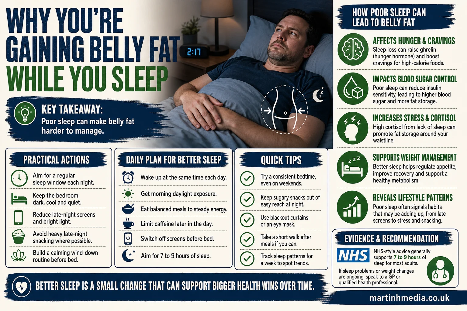 A tired person lying in bed with a bedside clock and a subtle waistline health infographic background