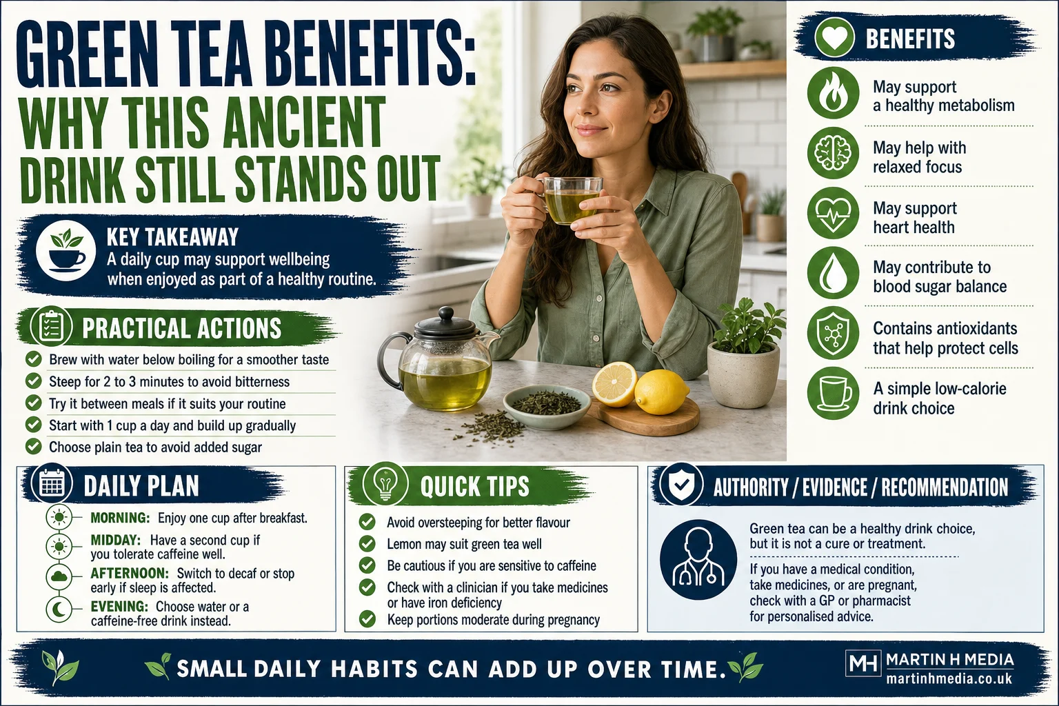 A realistic person holding a cup of green tea beside loose tea leaves and a teapot on a calm kitchen table