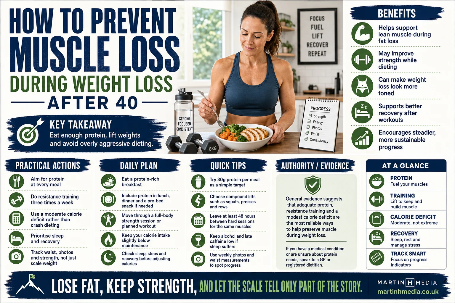 Infographic showing a woman over 40 lifting weights, eating a high-protein meal and tracking progress during weight loss