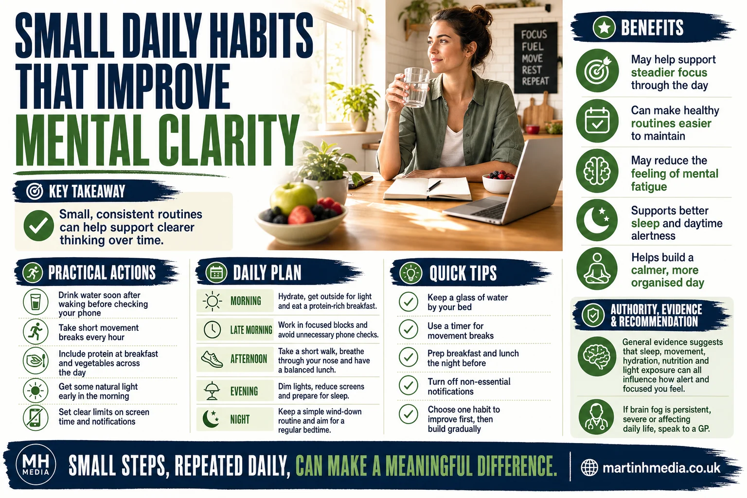 A person following simple daily habits for better mental clarity, with water, sunlight and a notebook in a calm home setting