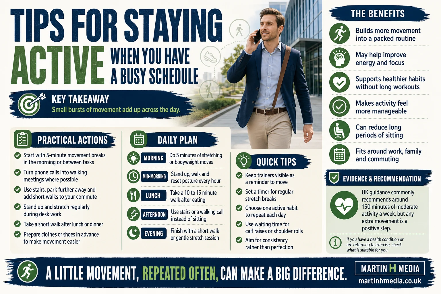 A busy professional walking during a phone call beside an office building, showing simple ways to stay active during a packed day.