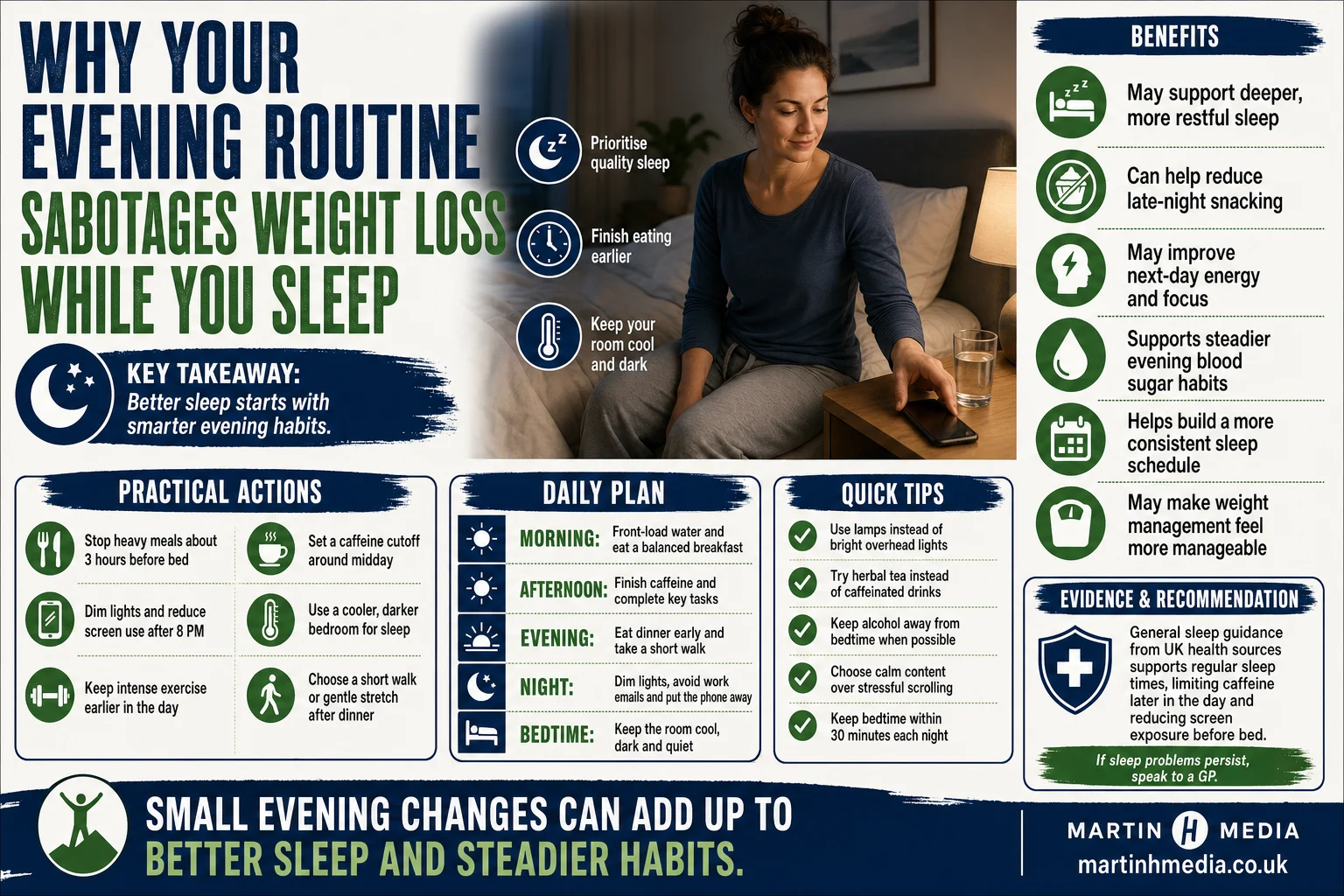 Infographic showing evening habits that may affect sleep quality and weight management, with icons for food, screens, temperature and movement
